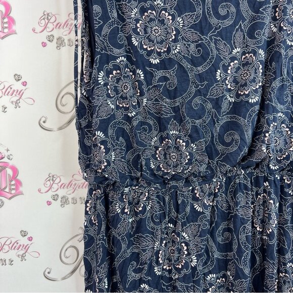 LOFT dress floral flowers tie up sleeve detail Navy and White Floral Midi Dress - Picture 5 of 10